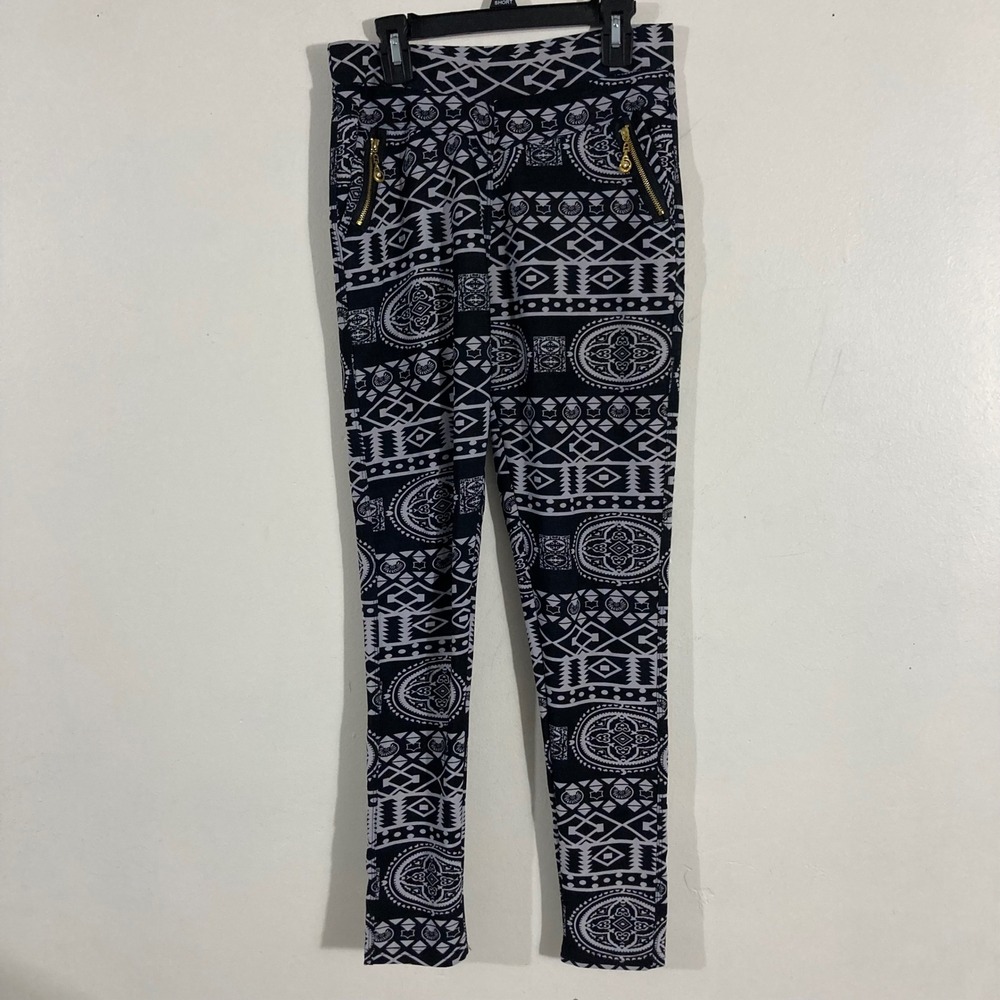 YPP Tribal Geometric Leggings Womens Small Black White Gold Zipper Pockets